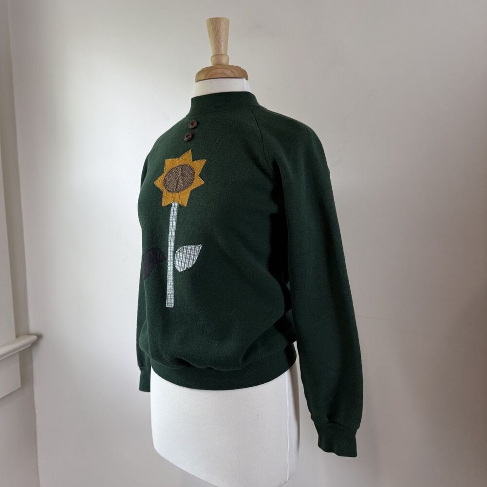 Vintage Fruit Loom Mock Neck Sunflower Bird Applique Embroidered Sweatshirt, M - Picture 3 of 12